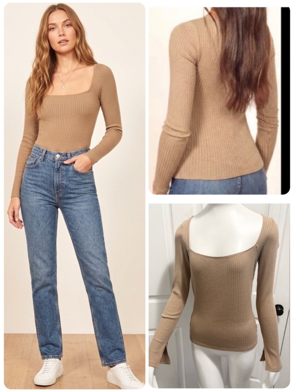 Reformation Bethany Ribbed Knit Top Tan Tencil Spandex Blend Split Sleeves Large